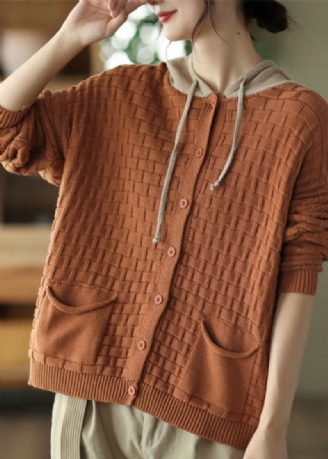 Cardigan En Tricot À Capuche Et Cordon De Serrage Orange Français Printemps