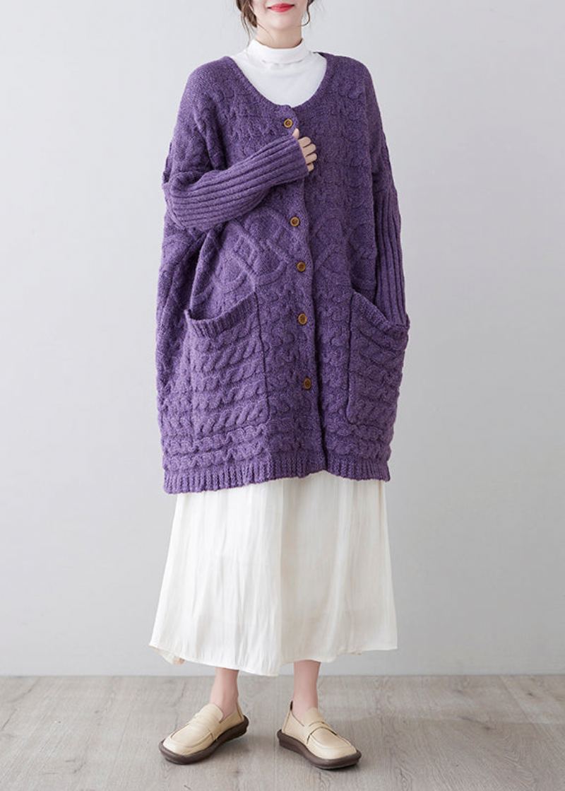 Cardigan En Tricot Confortable Avec Poches À Col Rond Violet Unique Printemps