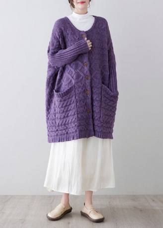 Cardigan En Tricot Confortable Avec Poches À Col Rond Violet Unique Printemps