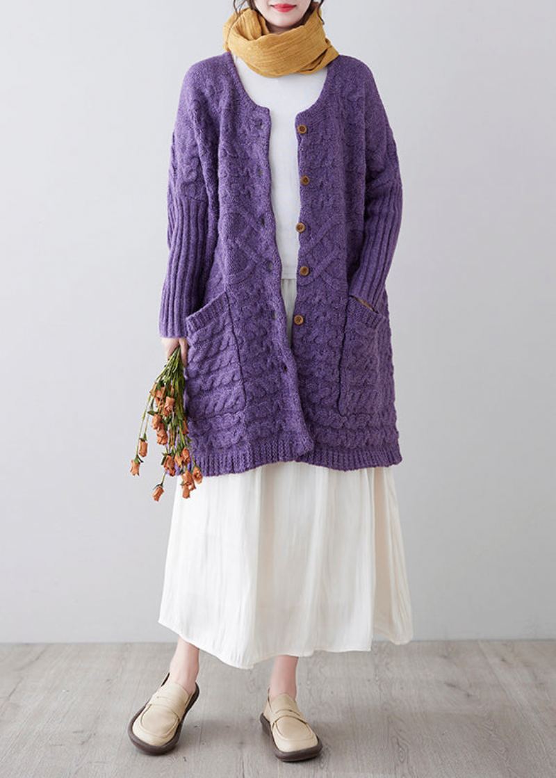 Cardigan En Tricot Confortable Avec Poches À Col Rond Violet Unique Printemps - Cardigans femmes