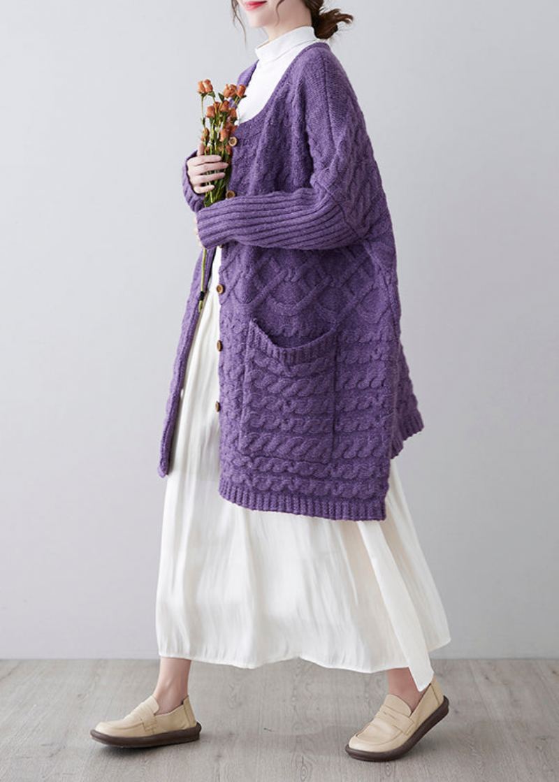 Cardigan En Tricot Confortable Avec Poches À Col Rond Violet Unique Printemps - Cardigans femmes