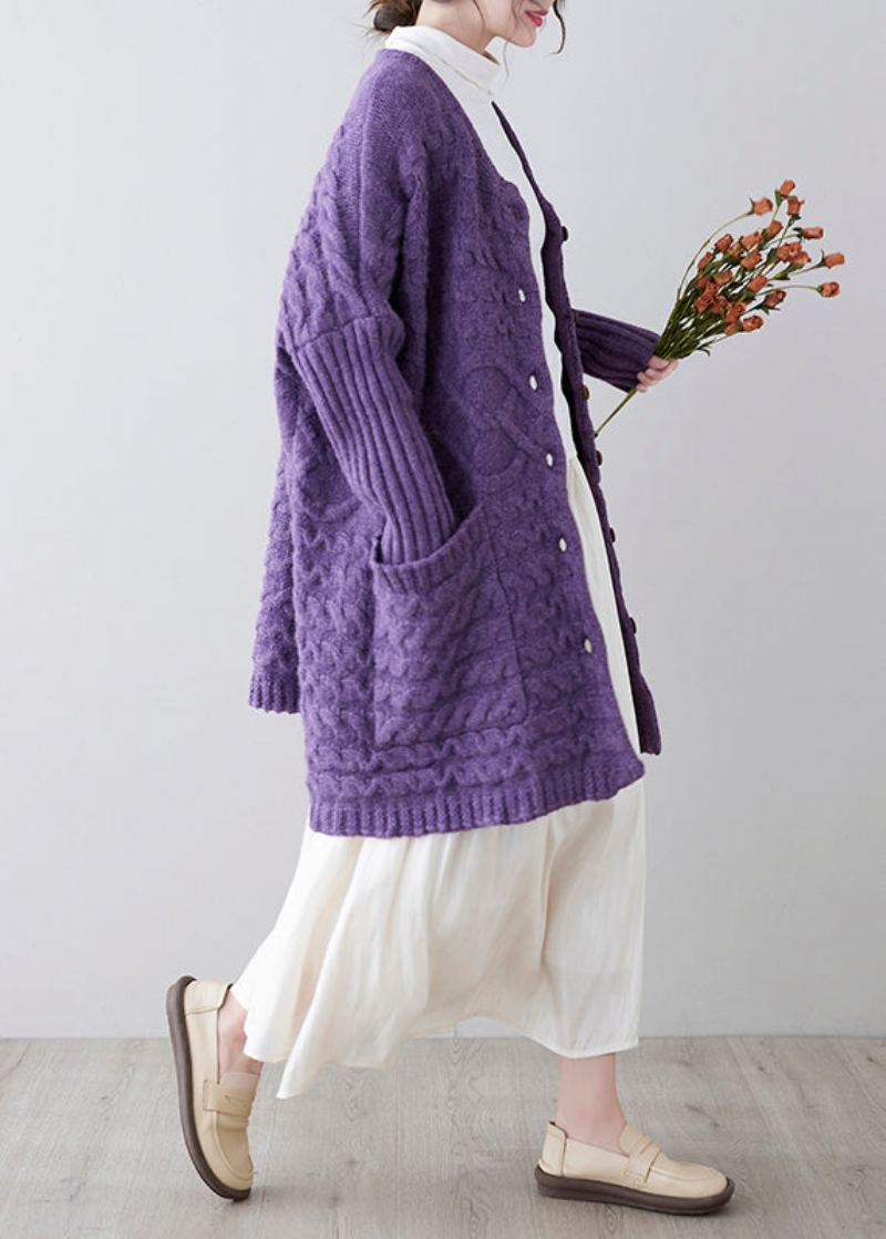 Cardigan En Tricot Confortable Avec Poches À Col Rond Violet Unique Printemps - Cardigans femmes