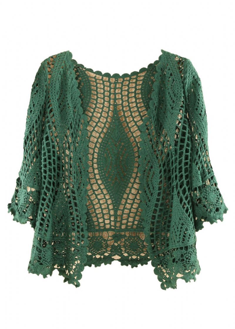 Cardigan En Tricot De Coton Ajouré Pour Femme Vert Noirâtre Solide Été - Cardigans femmes