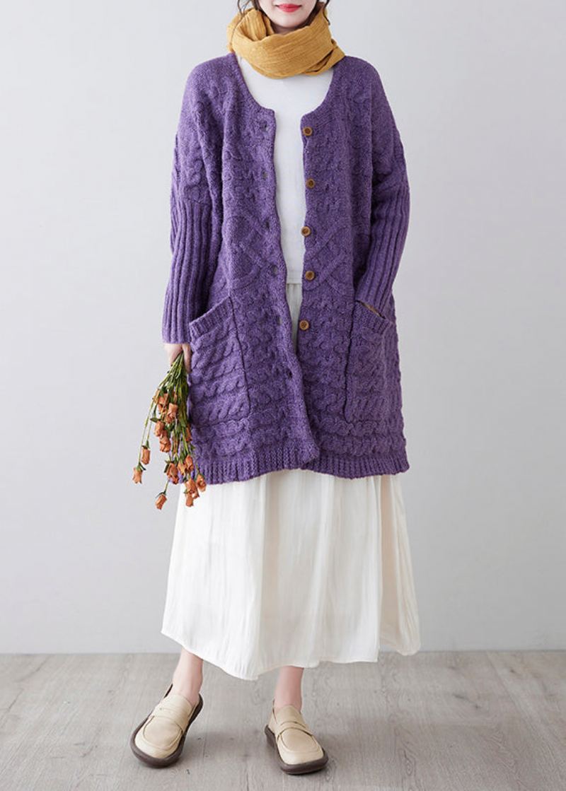 Cardigan En Tricot De Coton Violet Avec Poches Boutonnées De Grande Taille Automne - Cardigans femmes