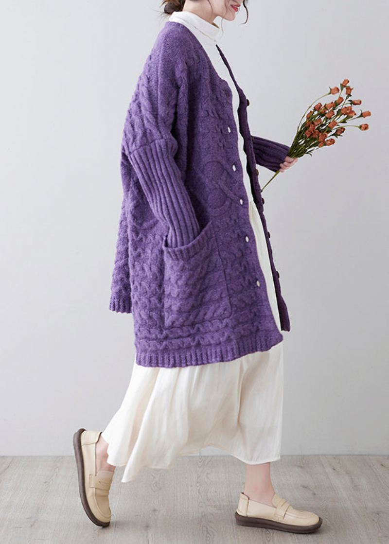 Cardigan En Tricot De Coton Violet Avec Poches Boutonnées De Grande Taille Automne - Cardigans femmes