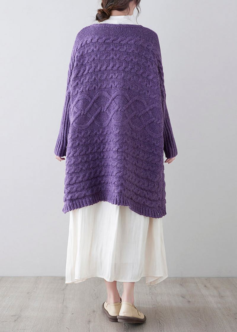 Cardigan En Tricot De Coton Violet Avec Poches Boutonnées De Grande Taille Automne - Cardigans femmes