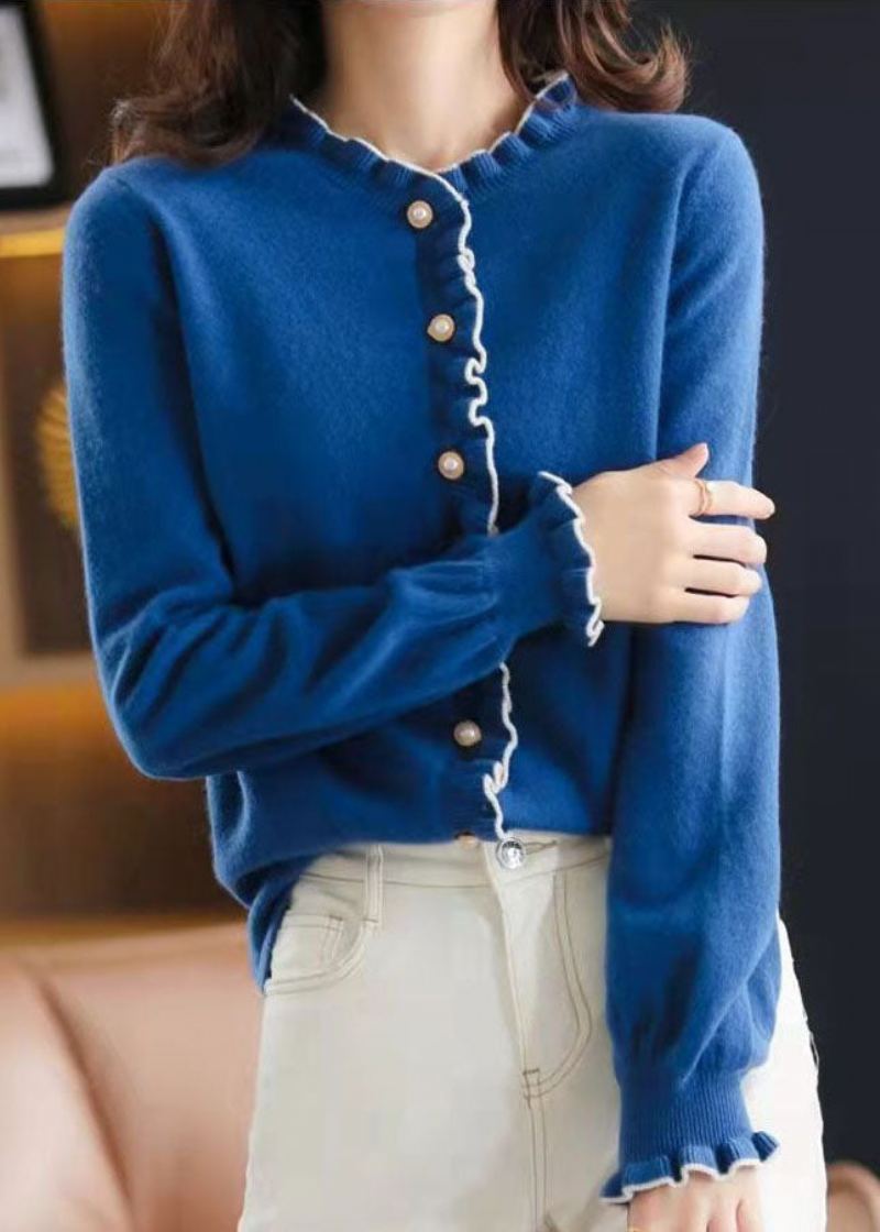 Cardigan En Tricot Épais Bleu Bouton De Perle Ébouriffé Hiver