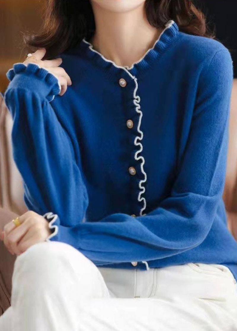 Cardigan En Tricot Épais Bleu Bouton De Perle Ébouriffé Hiver - Cardigans femmes