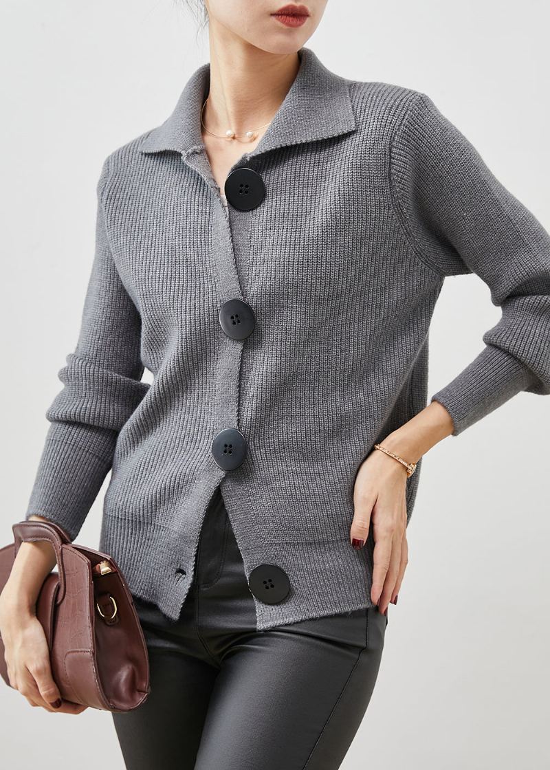 Cardigan En Tricot Épais Gris Col Claudine Boutonné Printemps