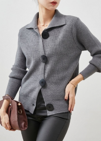 Cardigan En Tricot Épais Gris Col Claudine Boutonné Printemps