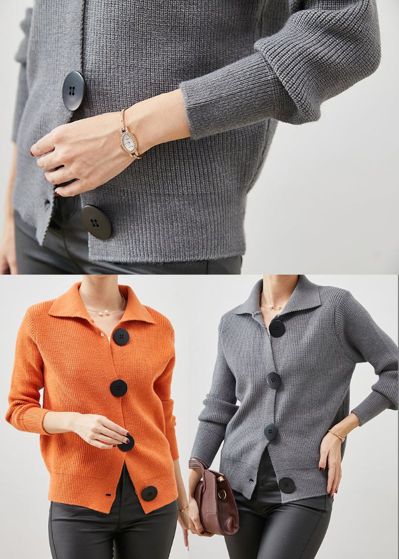 Cardigan En Tricot Épais Gris Col Claudine Boutonné Printemps - Cardigans femmes