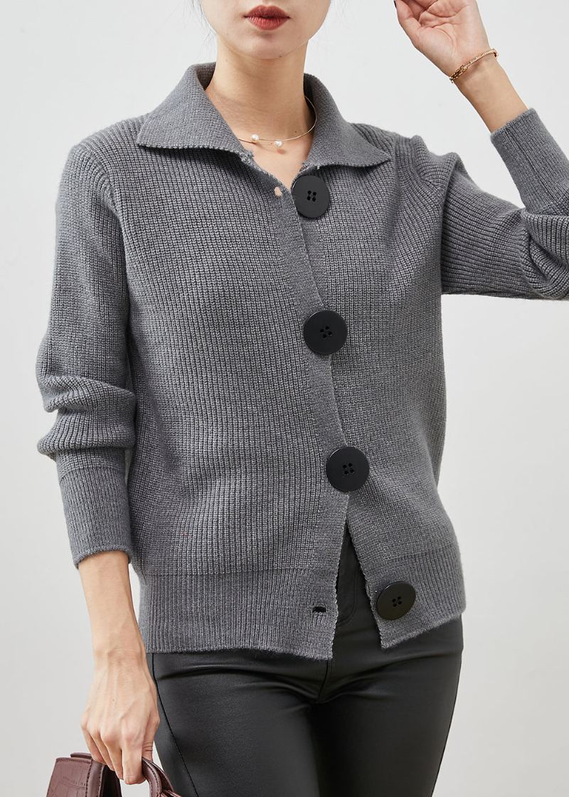 Cardigan En Tricot Épais Gris Col Claudine Boutonné Printemps - Cardigans femmes