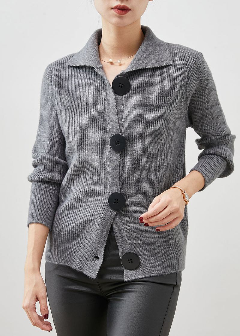 Cardigan En Tricot Épais Gris Col Claudine Boutonné Printemps - Cardigans femmes