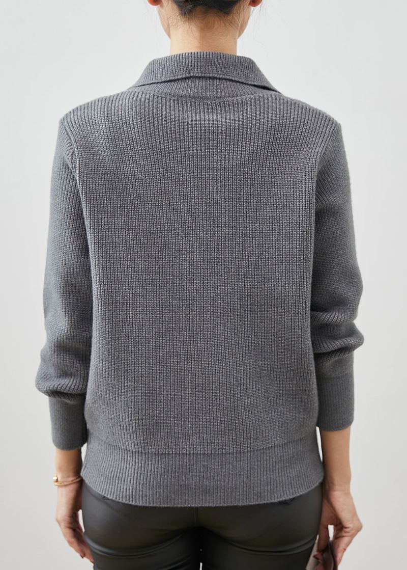 Cardigan En Tricot Épais Gris Col Claudine Boutonné Printemps - Cardigans femmes