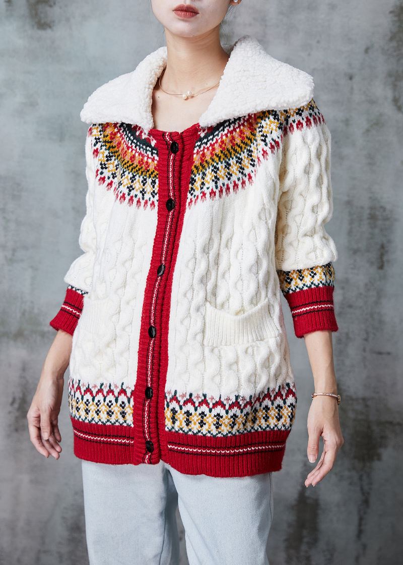 Cardigan En Tricot Épais Imprimé Blanc Col Peter Pan Printemps - Cardigans femmes