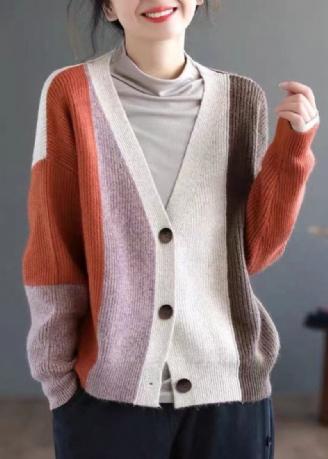 Cardigan En Tricot Pour Femme Bouton Coloré Orange Patchwork Automne