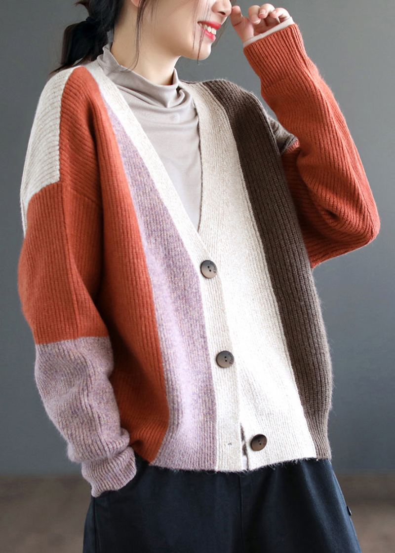 Cardigan En Tricot Pour Femme Bouton Coloré Orange Patchwork Automne - Cardigans femmes