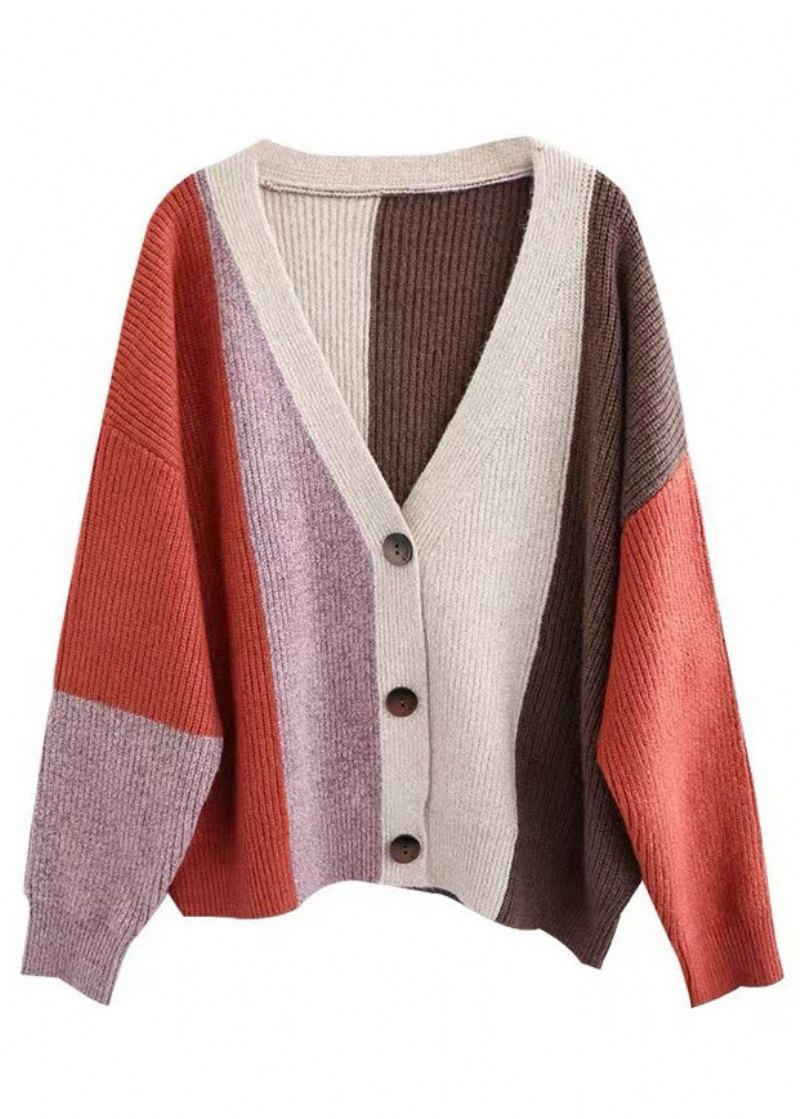 Cardigan En Tricot Pour Femme Bouton Coloré Orange Patchwork Automne - Cardigans femmes