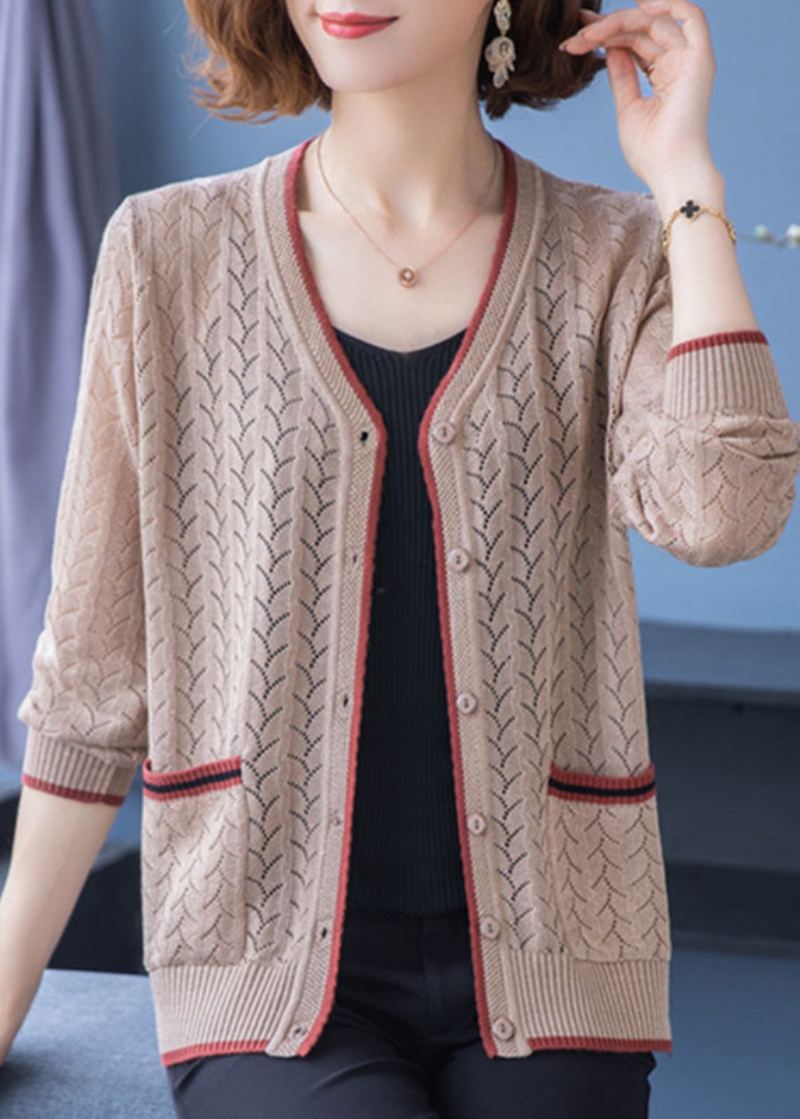 Cardigan En Tricot Fin Chameau Clair Français Poches À Col En V Ajouré Patchwork Automne