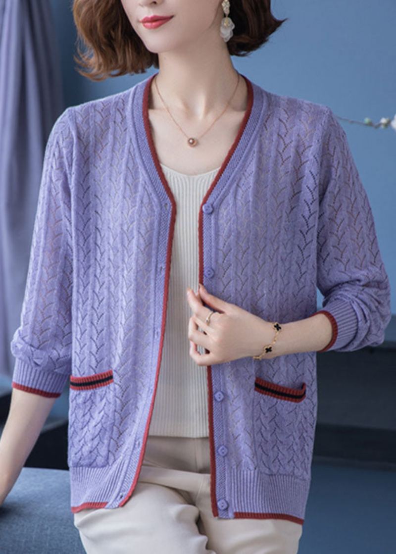 Cardigan En Tricot Fin Chameau Clair Français Poches À Col En V Ajouré Patchwork Automne - Cardigans femmes