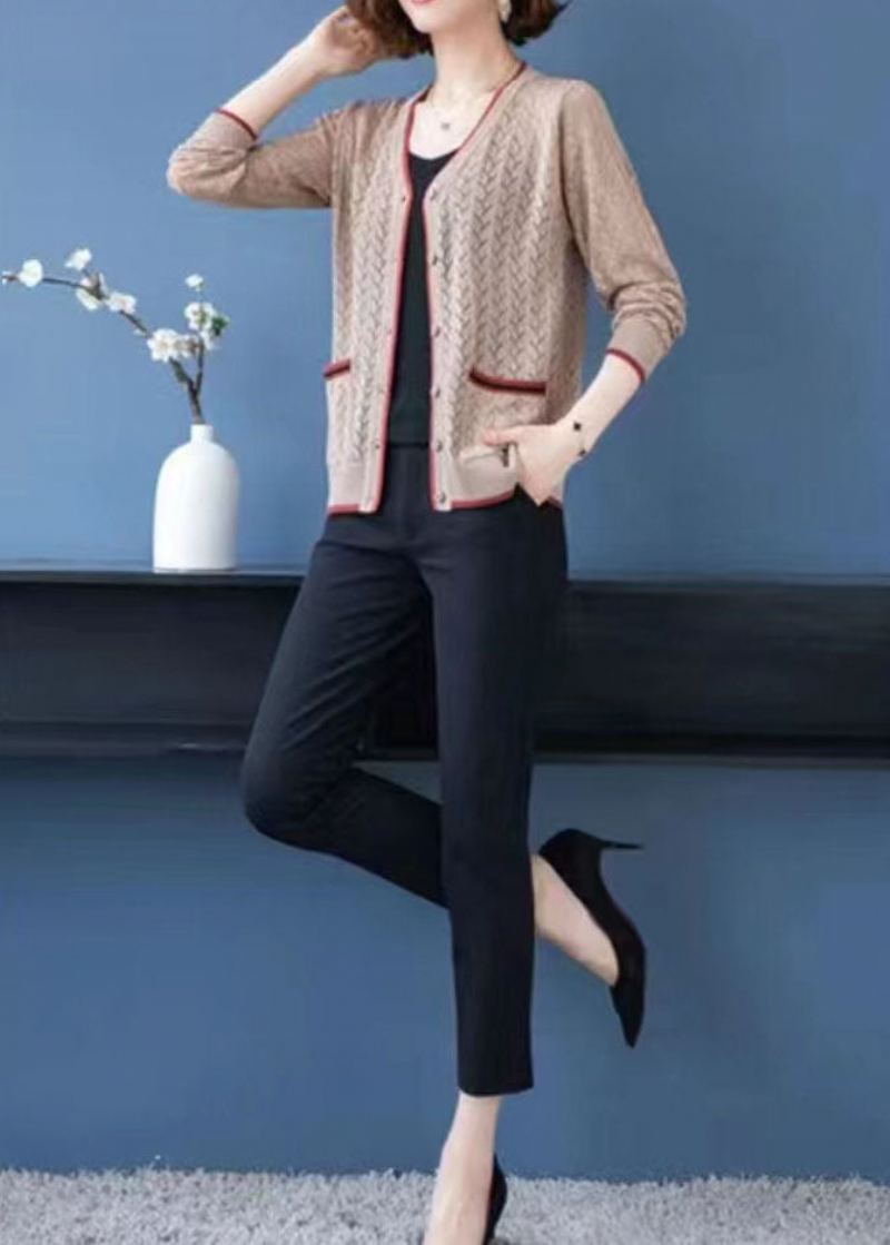 Cardigan En Tricot Fin Chameau Clair Français Poches À Col En V Ajouré Patchwork Automne - Cardigans femmes