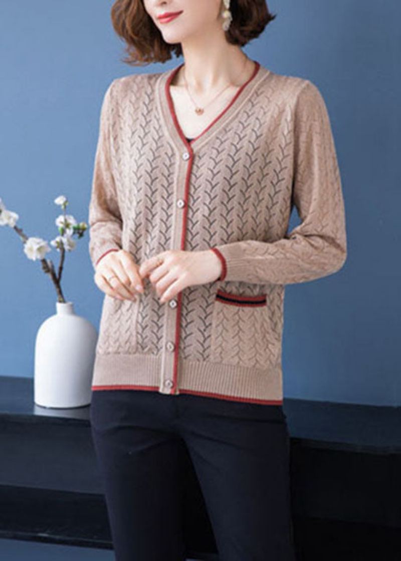 Cardigan En Tricot Fin Chameau Clair Français Poches À Col En V Ajouré Patchwork Automne - Cardigans femmes