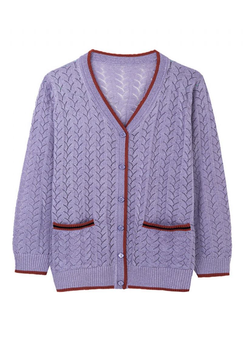 Cardigan En Tricot Fin Chameau Clair Français Poches À Col En V Ajouré Patchwork Automne - Cardigans femmes