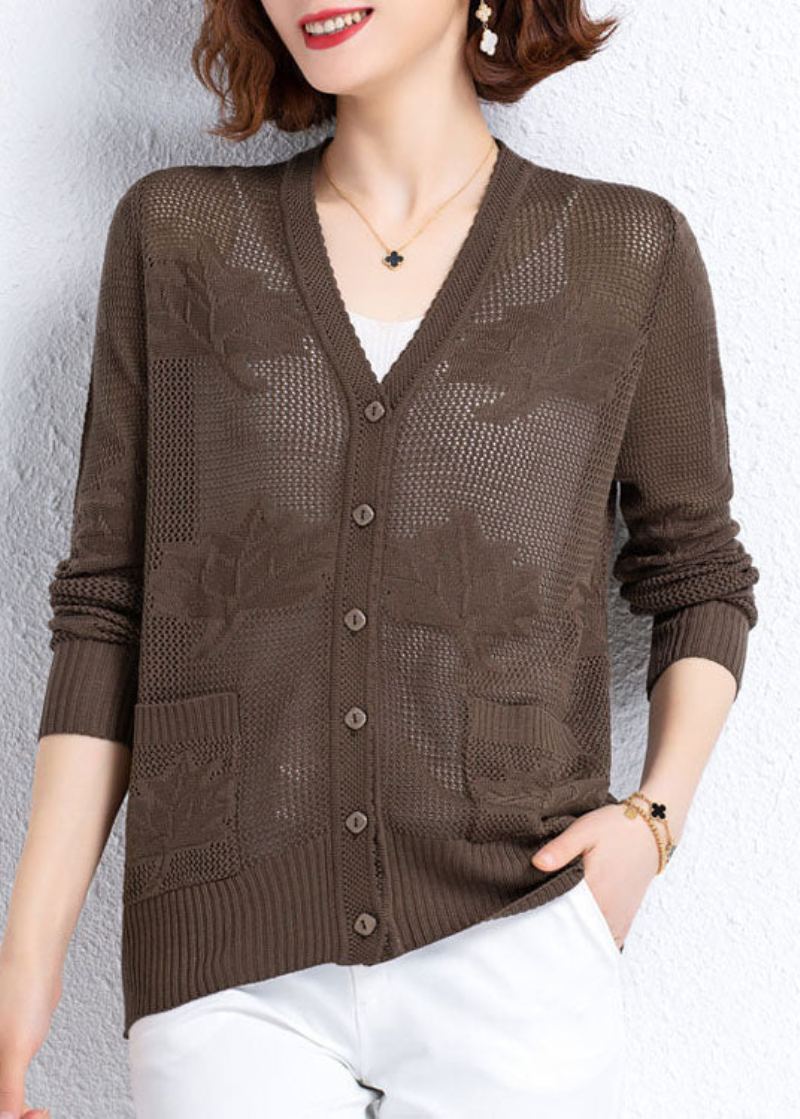 Cardigan En Tricot Fin Pour Femme Kaki Ajouré Brodé Patchwork Fin Automne