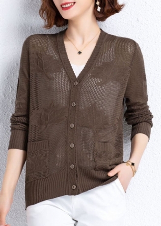 Cardigan En Tricot Fin Pour Femme Kaki Ajouré Brodé Patchwork Fin Automne