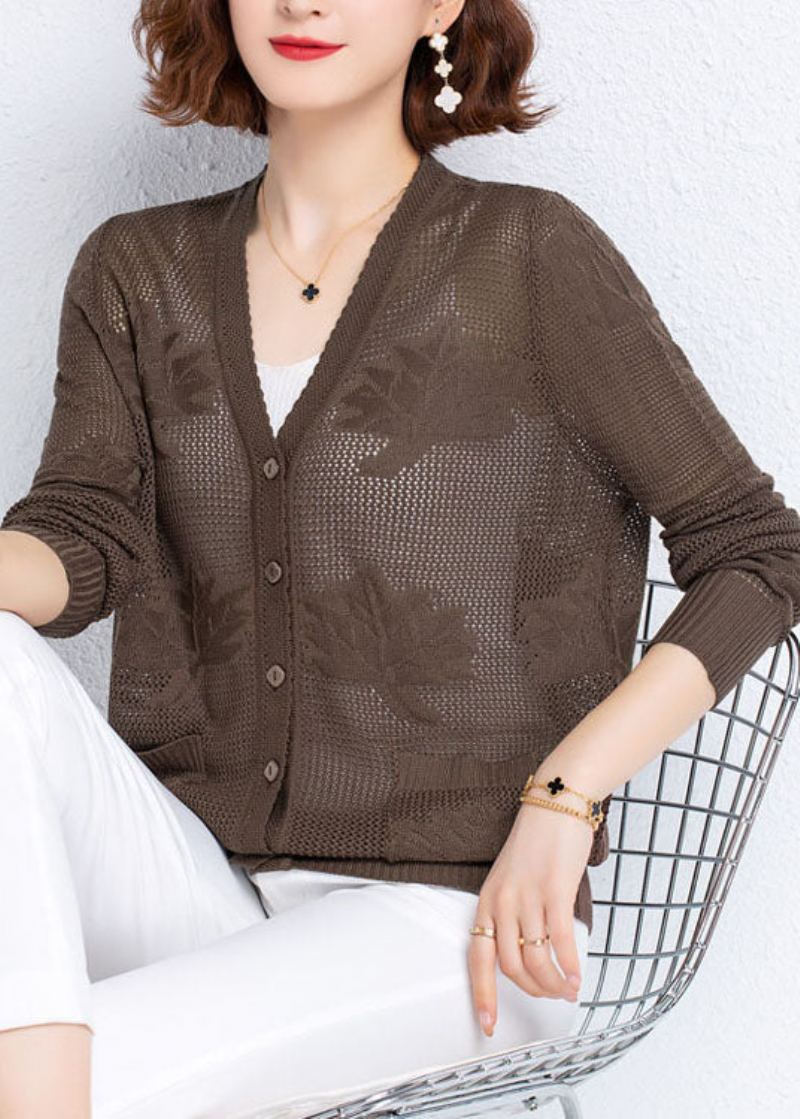 Cardigan En Tricot Fin Pour Femme Kaki Ajouré Brodé Patchwork Fin Automne - Cardigans femmes