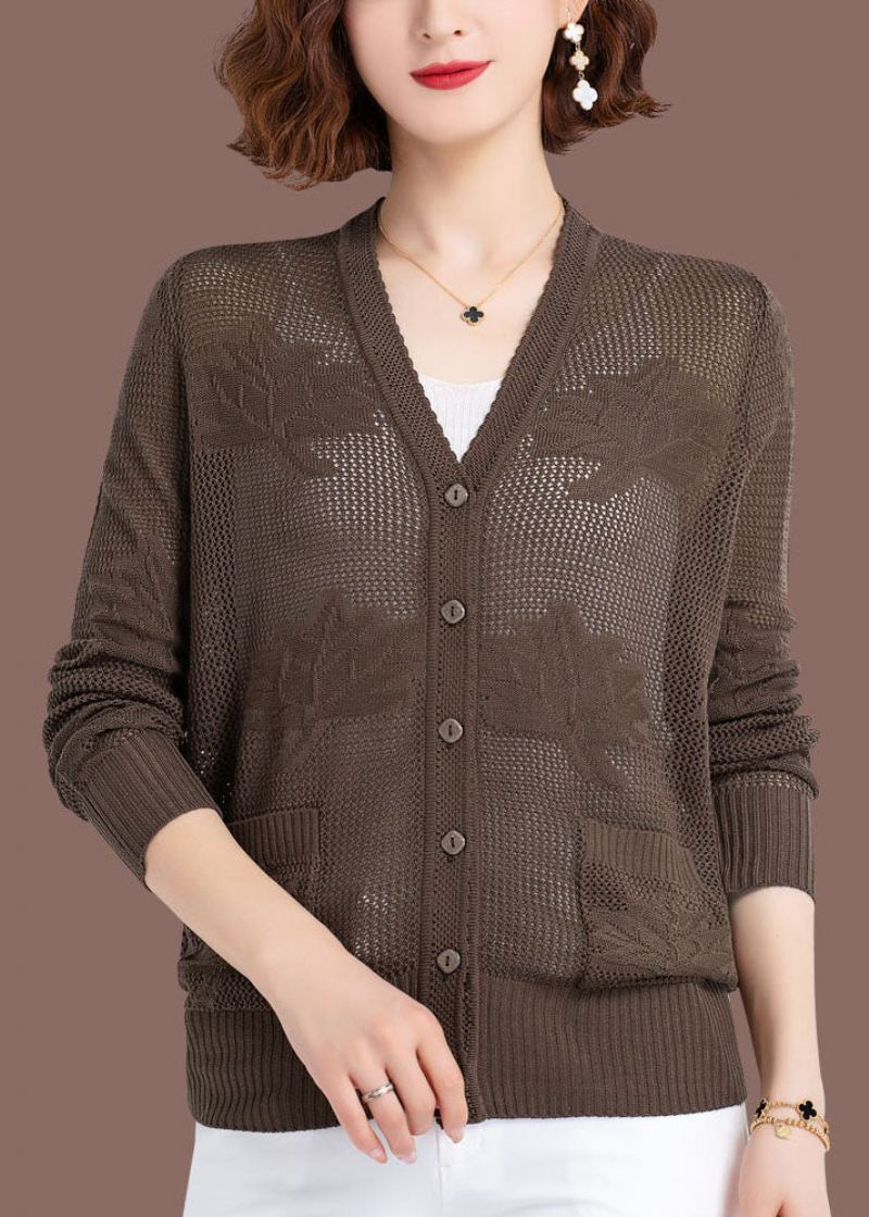 Cardigan En Tricot Fin Pour Femme Kaki Ajouré Brodé Patchwork Fin Automne - Cardigans femmes