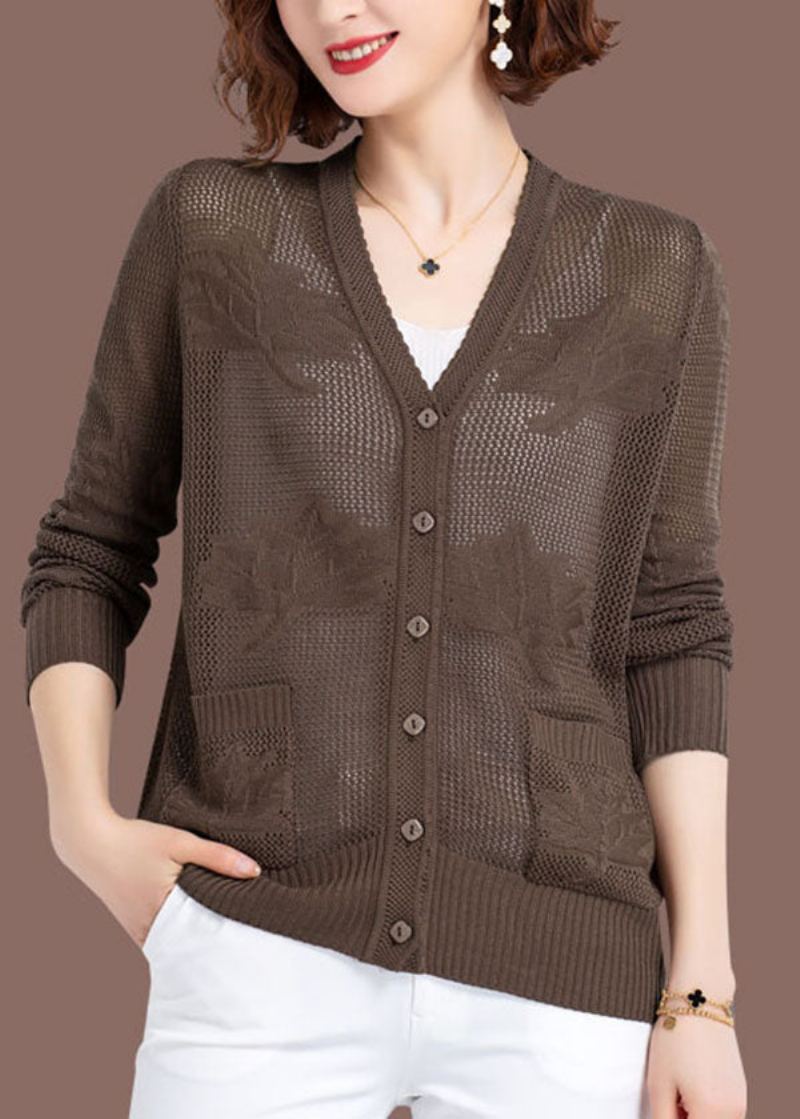 Cardigan En Tricot Fin Pour Femme Kaki Ajouré Brodé Patchwork Fin Automne - Cardigans femmes