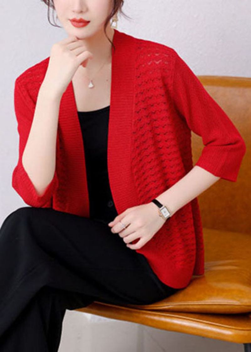 Cardigan En Tricot Fin Orange Moderne Ajouré Patchwork Manches De Bracelet - Cardigans femmes