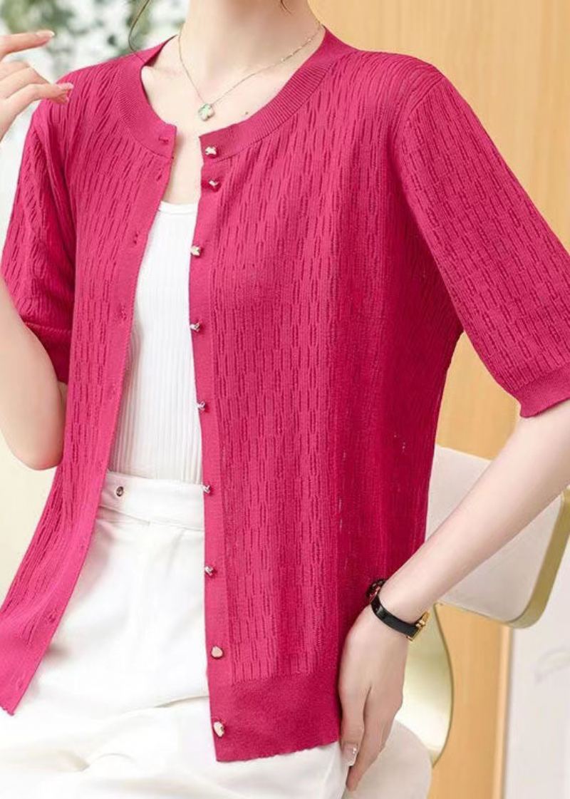 Cardigan En Tricot Fin Rose Patchwork Col Rond Ajouré Été