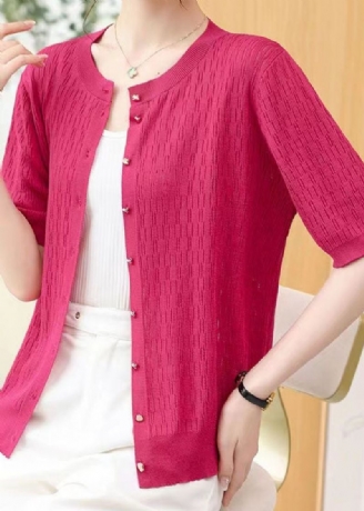 Cardigan En Tricot Fin Rose Patchwork Col Rond Ajouré Été