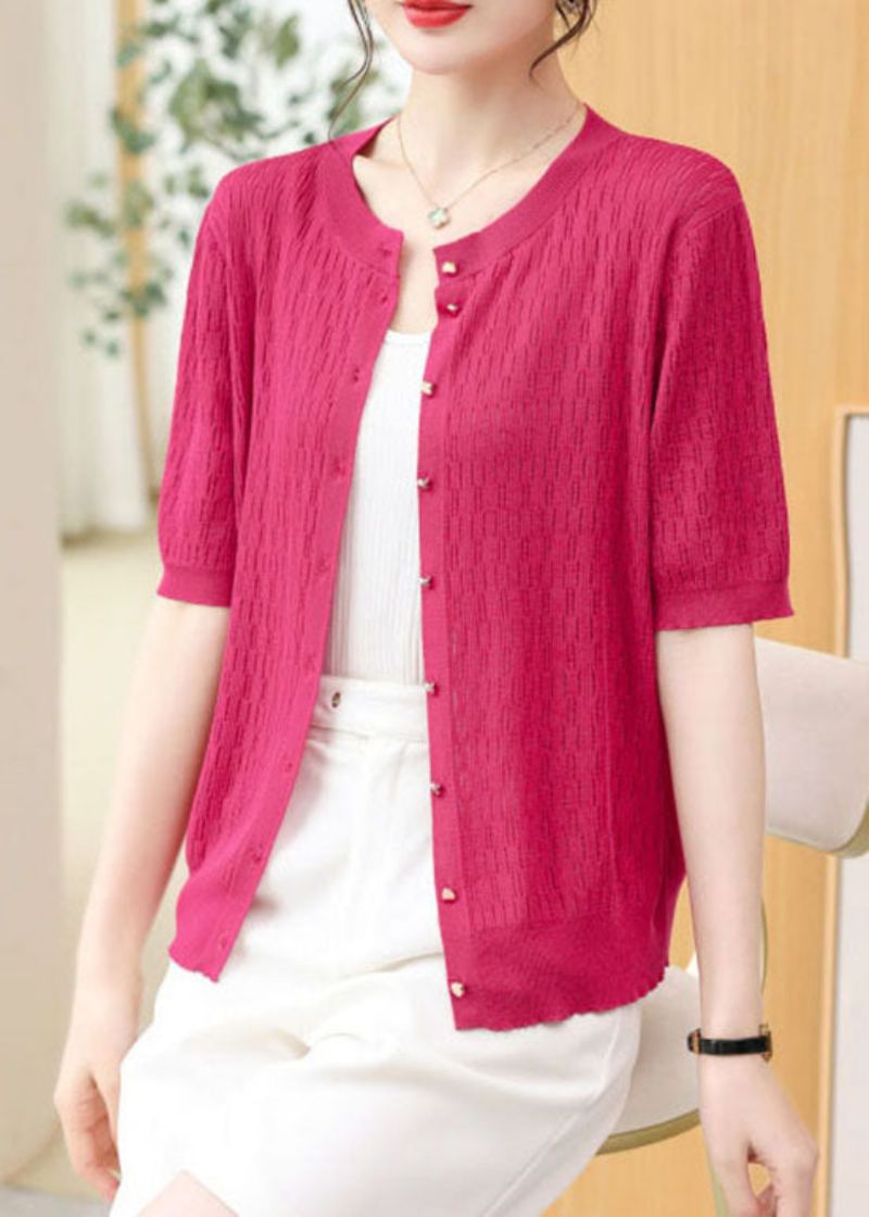 Cardigan En Tricot Fin Rose Patchwork Col Rond Ajouré Été - Cardigans femmes