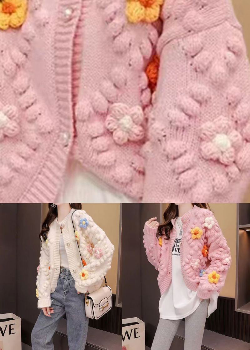 Cardigan En Tricot À Fleurs Rose Français Col Rond Patchwork Automne - Cardigans femmes