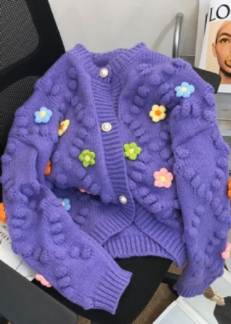 Cardigan En Tricot À Fleurs Violet Col Rond Bouton Automne