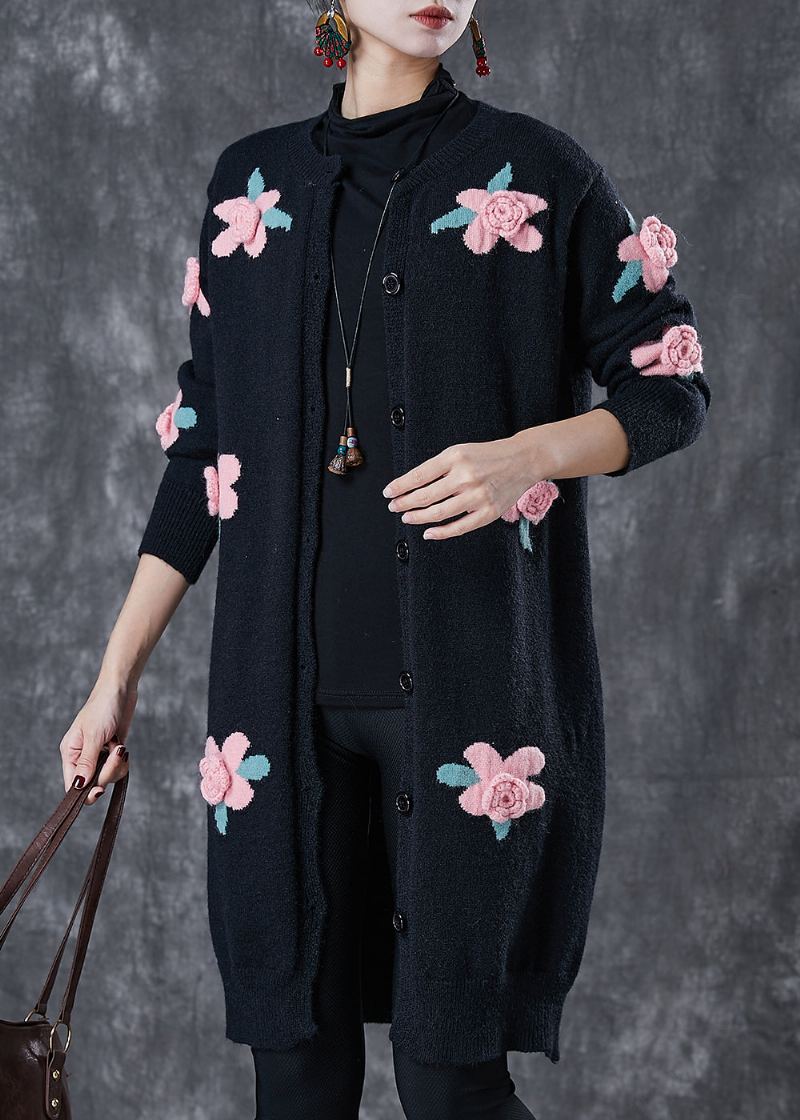 Cardigan En Tricot Floral Stéréoscopique Noir Bricolage Printemps