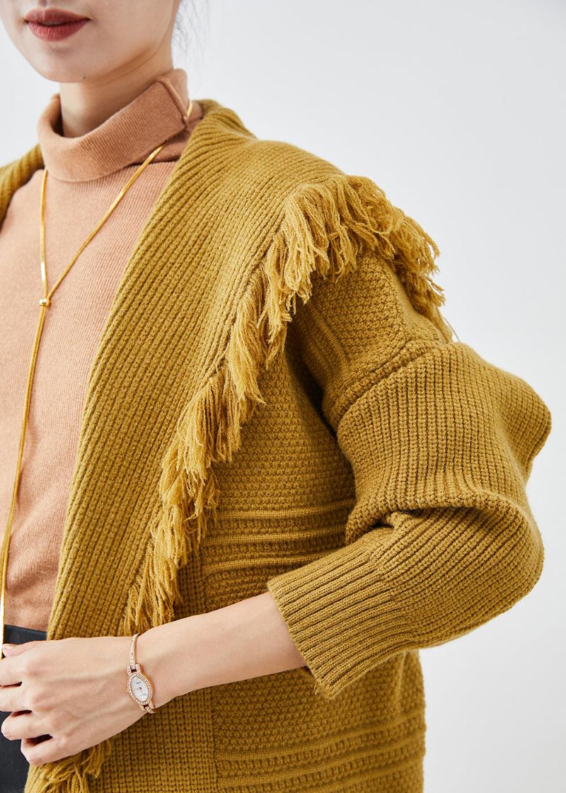 Cardigan En Tricot À Glands Avec Col Marin Jaune Moderne Automne - Cardigans femmes