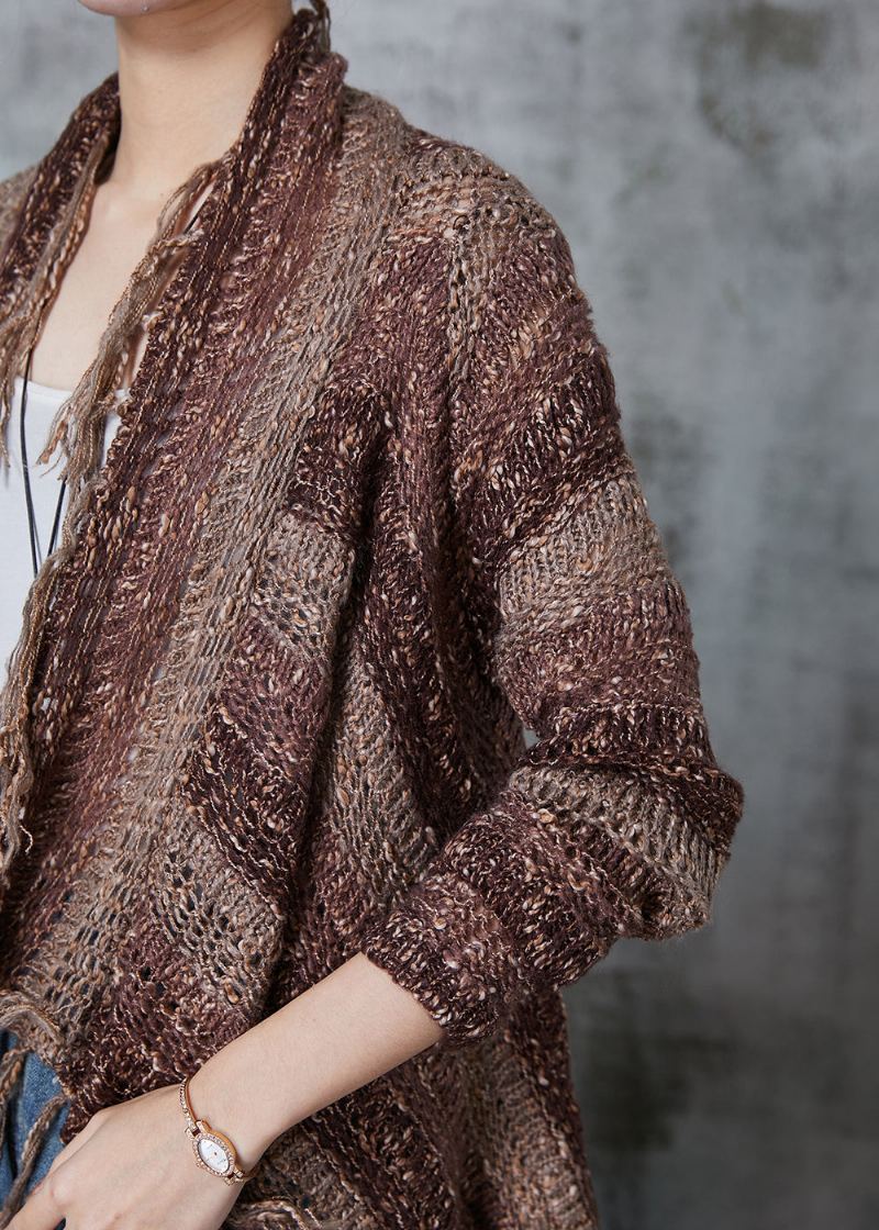 Cardigan En Tricot À Glands De Conception Asymétrique Marron Unique Printemps - Cardigans femmes