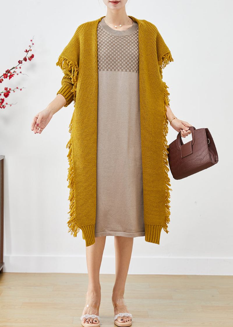 Cardigan En Tricot À Glands Et Col Marin Jaune Boho Automne - Cardigans femmes