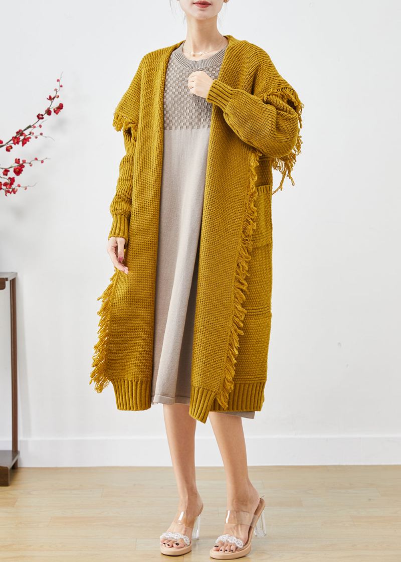 Cardigan En Tricot À Glands Et Col Marin Jaune Boho Automne - Cardigans femmes