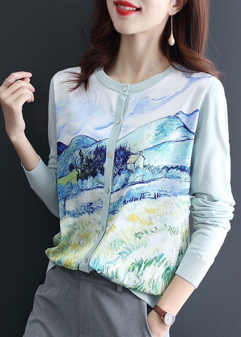 Cardigan En Tricot Imprimé Bleu Clair Col Rond Surdimensionné Printemps