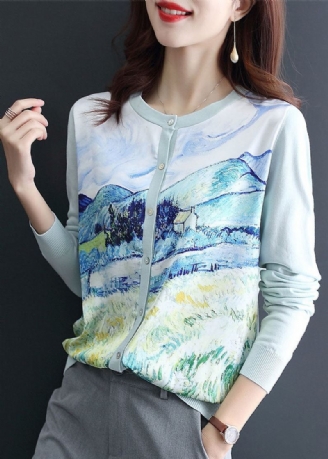 Cardigan En Tricot Imprimé Bleu Clair Col Rond Surdimensionné Printemps