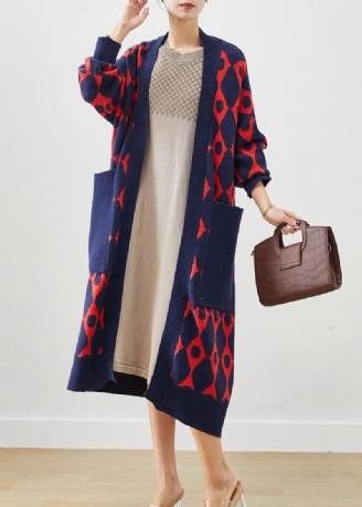 Cardigan En Tricot Imprimé Bleu Marine Avec Poches Surdimensionnées Automne