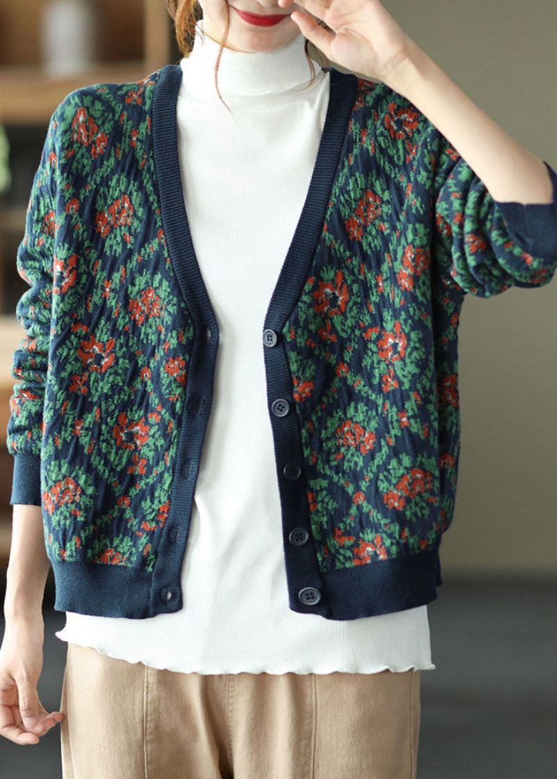 Cardigan En Tricot Imprimé Bohème Bleu Marine À Col En V Pour L'hiver - Cardigans femmes