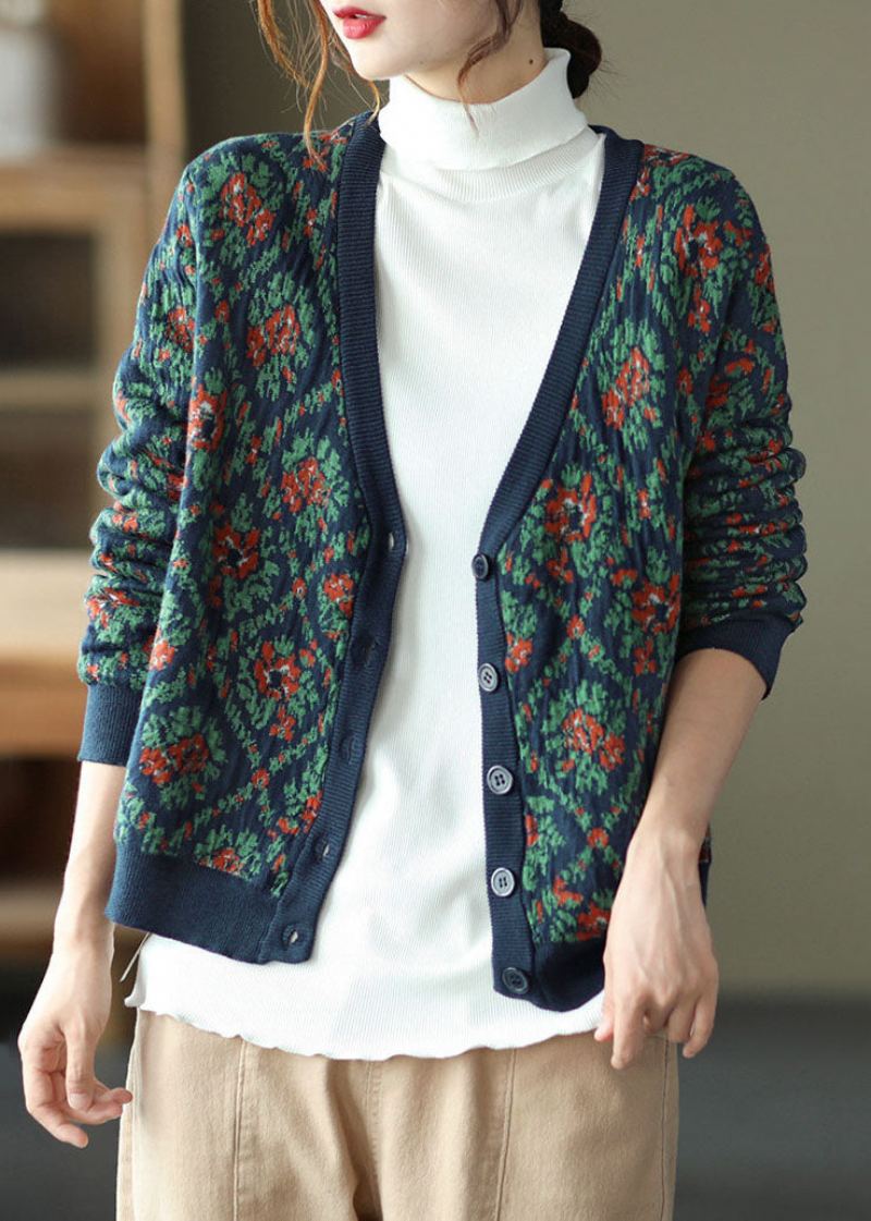 Cardigan En Tricot Imprimé Bohème Bleu Marine À Col En V Pour L'hiver - Cardigans femmes