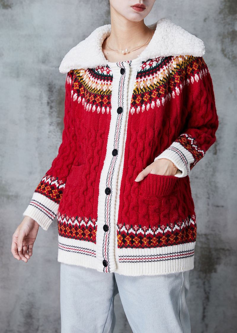 Cardigan En Tricot Imprimé À Col Claudine Rouge Pour Femme Printemps