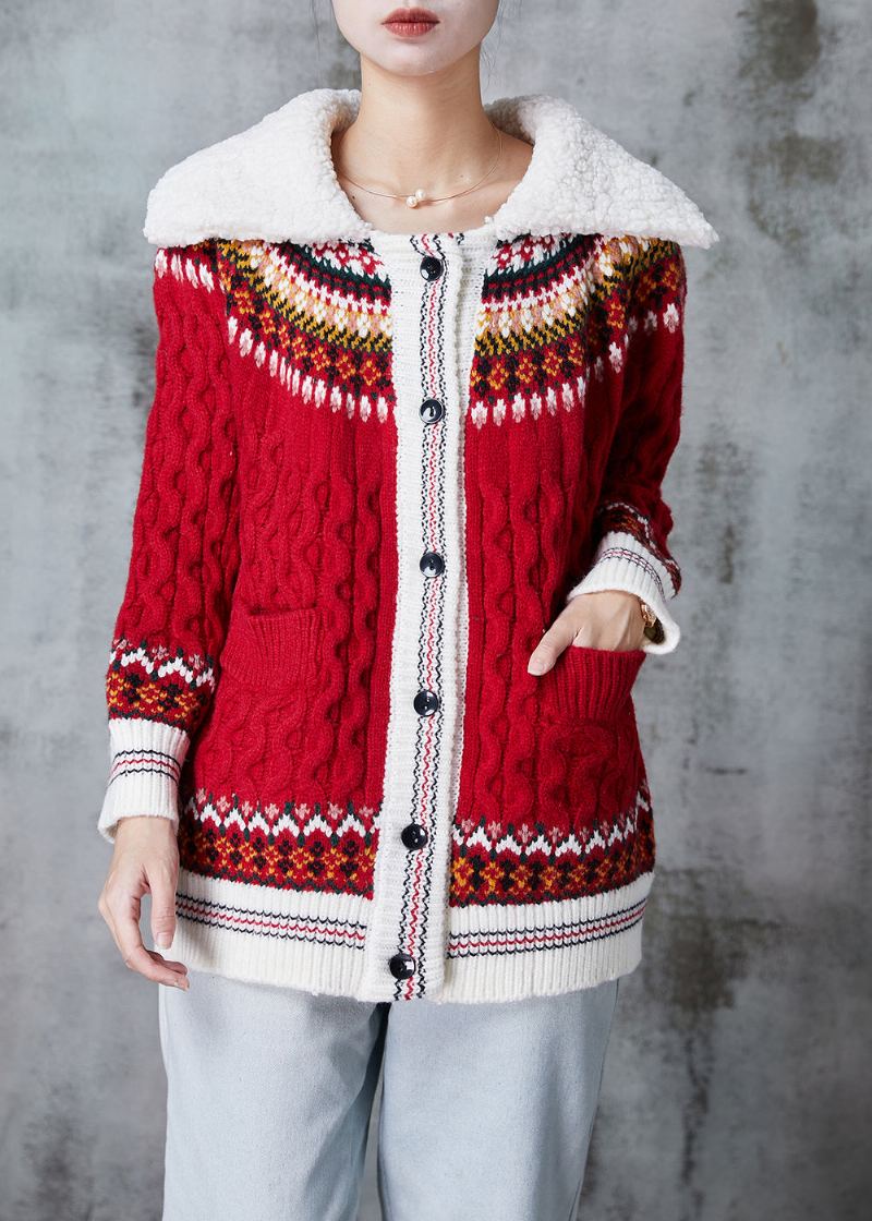 Cardigan En Tricot Imprimé À Col Claudine Rouge Pour Femme Printemps - Cardigans femmes